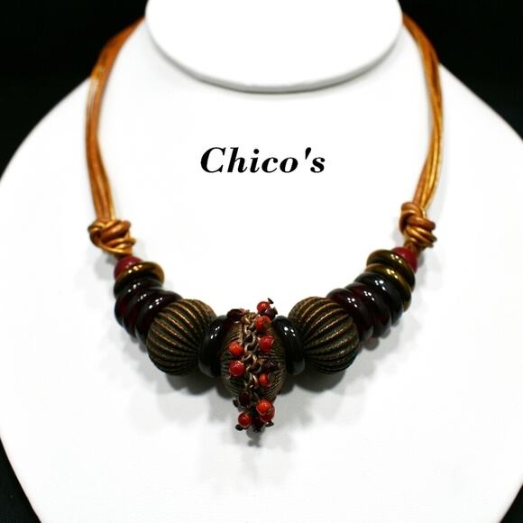 Chico’s Copper Leather Necklace Red Brown Beads Fringe Detail 5 Strands - Picture 3 of 9